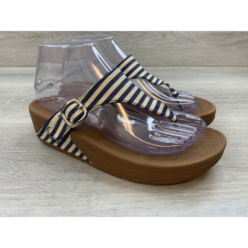 FitFlop Flare Stripe Navy White Canvas Thong Sandals Microwobbleboard Women's 6